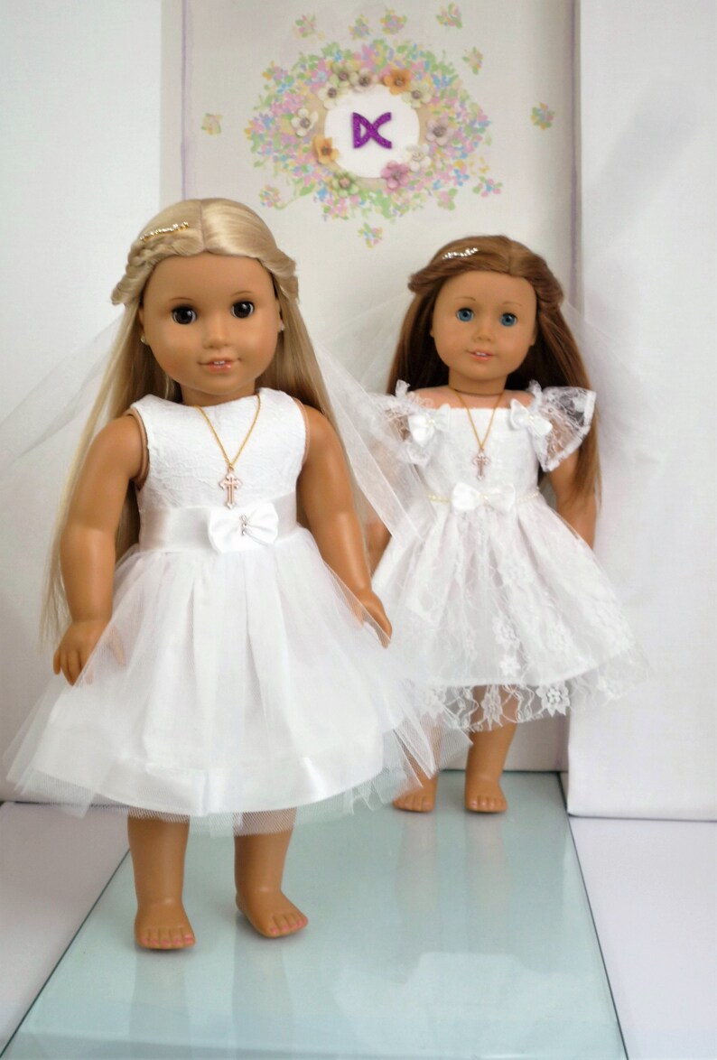 FIRST COMMUNION DRESS Lace Tulle Dress Veil Cross Pendant Necklace handmade to fit American Girl Our Generation similar size 18 Inch Doll 画像 8