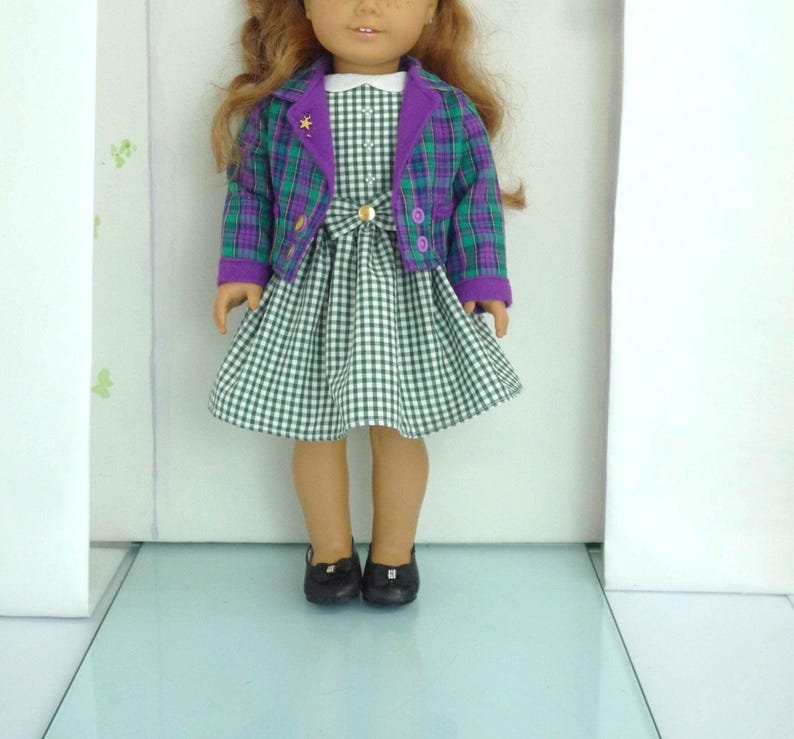 Doll School Uniform: Check Blazer, Gingham Dress, Bow Clip - Handmade18 Inch Dolls Clothes image 3