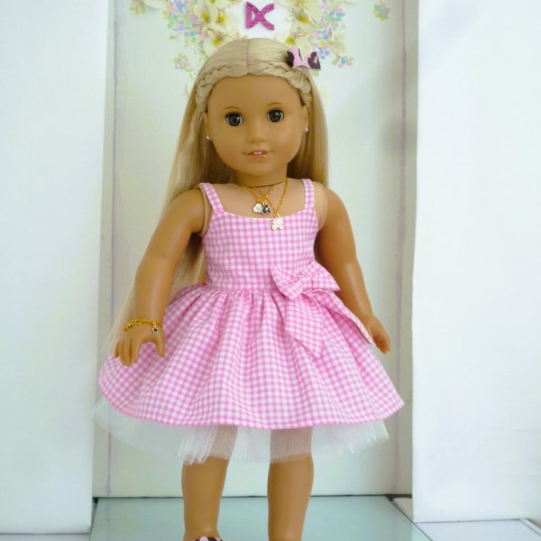 BARBIE STYLE Pink Check Dress Hair Bow Handmade to fit American Girl Our Generation Dolls 18 Inch Doll Clothes