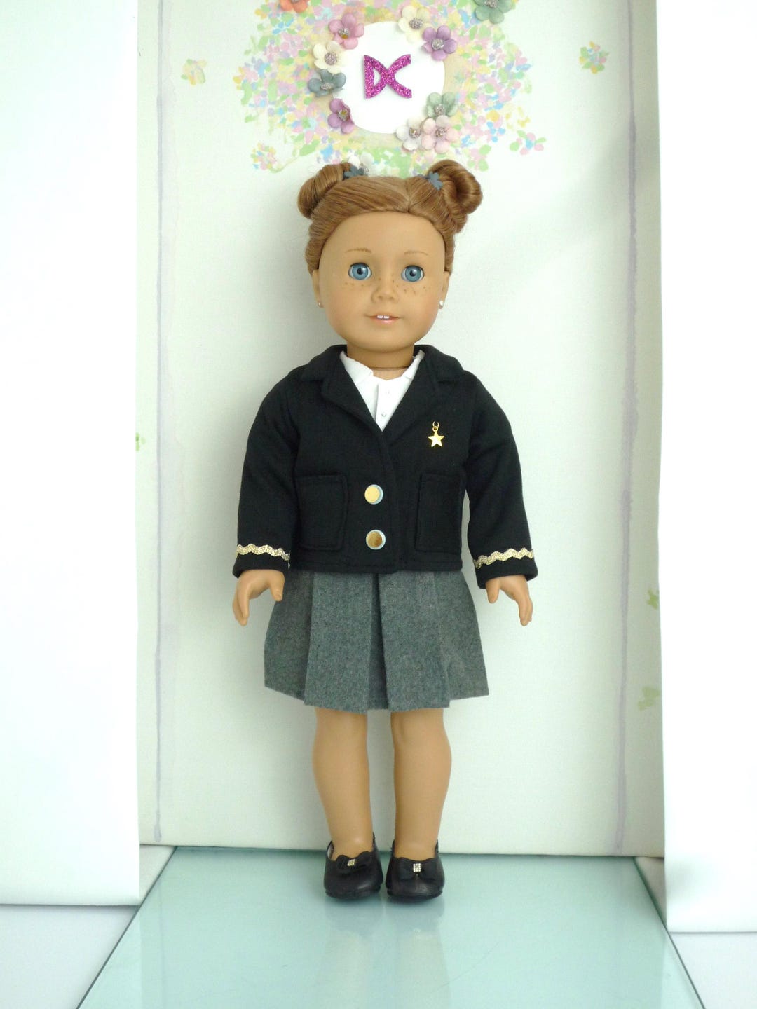 Doll School Uniform Black Blazer, Grey Skirt, White Blouse Handmade
