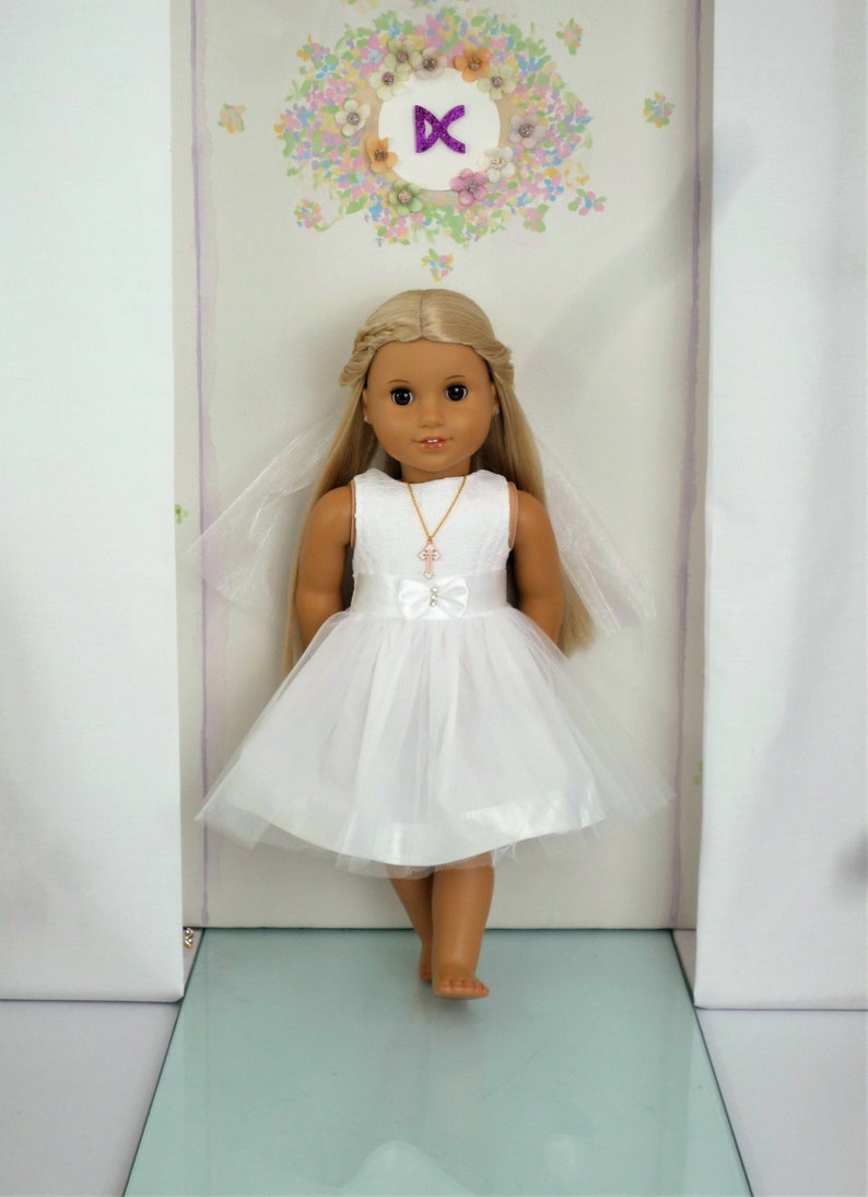 FIRST COMMUNION DRESS Lace Tulle Dress Veil Cross Pendant Necklace handmade to fit American Girl Our Generation similar size 18 Inch Doll 画像 1