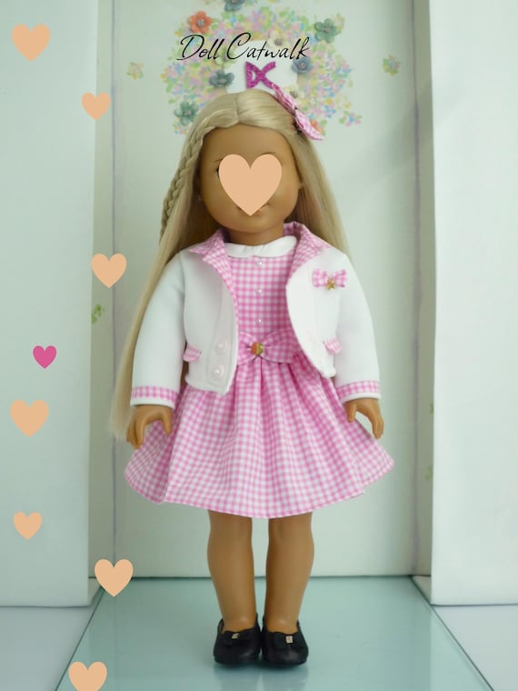 DOLL SCHOOL UNIFORM : Pink Gingham Dress, White Blazer, Hair Bow - Handmade 18 Inch Doll Clothes