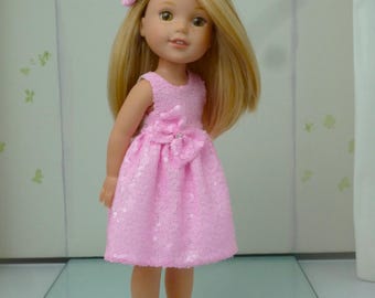 Handmade Pink Sequin Dress with Hair Bow for 14.5 Inch Dolls - Wellie Wishers - Glitter Girls -  Ag Sisters