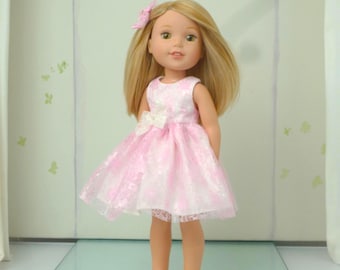 Vestido de encaje rosa para muñeca: Pinza para el pelo con forma de flor - Ropa hecha a mano para muñecas de 37 cm (14,5 pulgadas) compatibles con Wellie Wishers y Glitter Girls