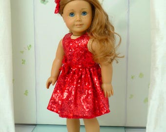 RED SEQUIN DRESS - Handmade 18 inch doll clothes - Dress and bow hair clip