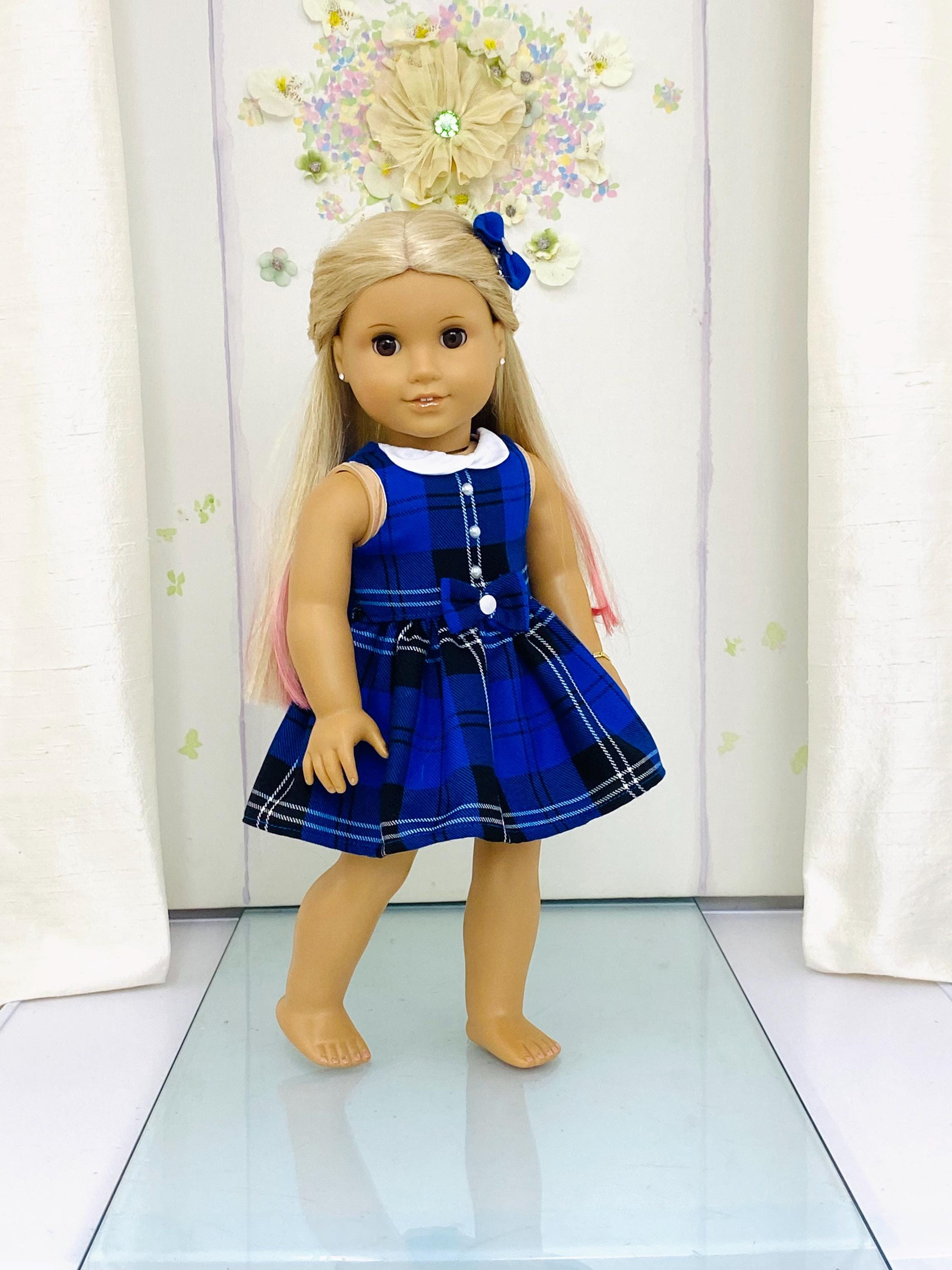 RAMSEY TARTAN DRESS - Handmade Doll Clothes for 18 Inch Dolls - School Uniform Blur Ramsey Tartan Checked Dress Hair Bow