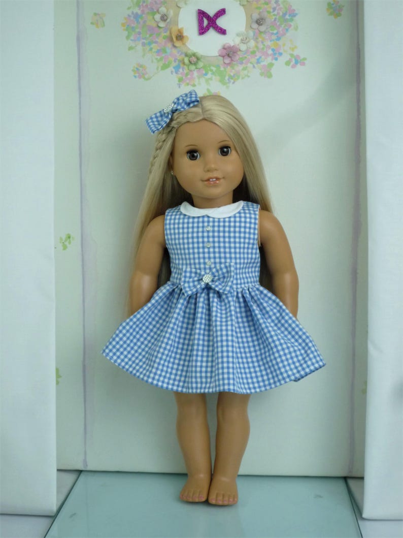 May include: A doll with long blonde hair wearing a blue and white gingham dress with a white collar and a matching bow. The doll is positioned in front of a floral backdrop with the letter "X".