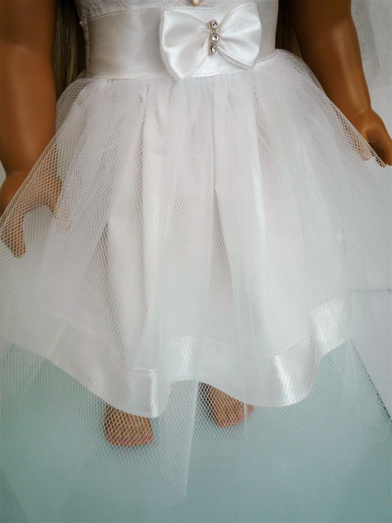 FIRST COMMUNION DRESS Lace Tulle Dress Veil Cross Pendant Necklace handmade to fit American Girl Our Generation similar size 18 Inch Doll image 7