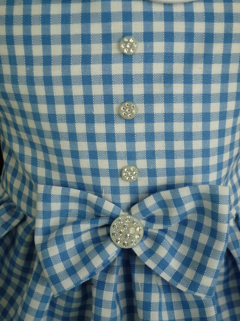 May include: Close-up of a blue and white gingham dress. The dress has a bow with a large, sparkly button and three smaller buttons down the front. The fabric is a classic checkered pattern, creating a vintage aesthetic.
