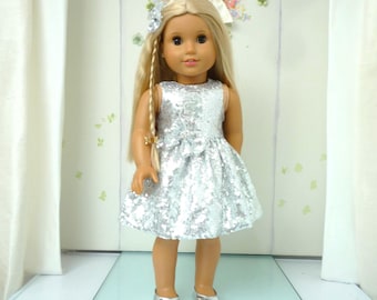 Silver Sequin Party Dress with Hair Bow - Handmade 18 inch Dolls Clothes to fit American Girl Our Generation