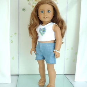 Denim Shorts Outfit: Sequin Crop Top & Beaded Bracelet for 18&quot; Dolls
