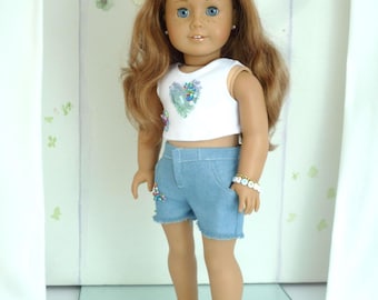 Denim Shorts Outfit: Sequin Crop Top & Beaded Bracelet - Handmade 18 Inch Doll Clothes