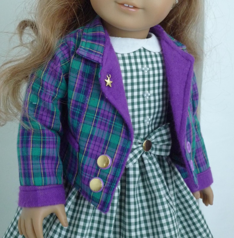 Doll School Uniform: Check Blazer, Gingham Dress, Bow Clip - Handmade18 Inch Dolls Clothes image 6