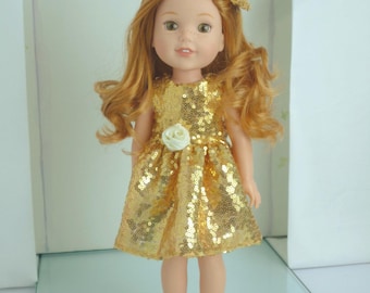 Vestido de muñeca con lentejuelas doradas: pinza para el pelo con flores, apto para muñecas de 14,5"