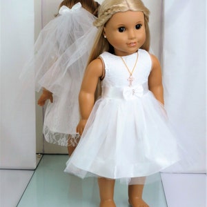 FIRST COMMUNION DRESS Lace Tulle Dress Veil Cross Pendant Necklace handmade to fit American Girl Our Generation similar size 18 Inch Doll image 5