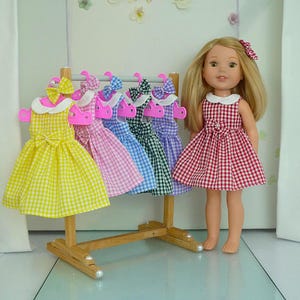 Handmade Gingham Doll Dress: Bow Hair Clasp, 14.5 Inch Doll Clothes