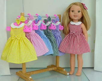 Gingham Doll Dress: Bow Hair Clasp for Wellie Wishers & Glitter Girls- Handmade 14.5 Inch Dolls Clothes - 6 Colors