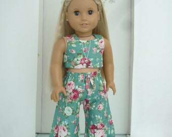 Green Floral Wide Pants Crop Top Heart Necklace Flower Hair Clip  handmade to fit American Girl Our Generation similar size 18 Inch Doll