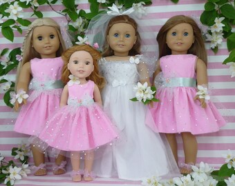 WEDDING PARTY Wedding 2 Bridesmaids Flower Girl Dresses to fit American Girl Our Generation Wellie Wishers similar size 18 /14 Inch Dolls