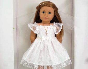 Lace Communion Doll Outfit: 18 Inch Doll Dress, Veil, Necklace - Handmade 18 Inch Doll Clothes