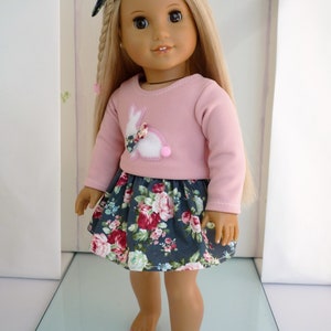 Grey Floral Bunny Outfit -  Skirt, Top and Hair Bow -Handmade  18 Inch Dolls Clothes