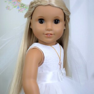 FIRST COMMUNION DRESS Lace Tulle Dress Veil Cross Pendant Necklace handmade to fit American Girl Our Generation similar size 18 Inch Doll 画像 2