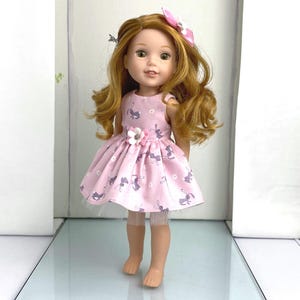 Vestito da bambola coniglietto rosa fatto a mano con fiocco per capelli per bambole da 14,5 pollici