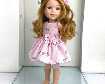 Vestido de conejito rosa hecho a mano con lazo para muñecas de 14,5 pulgadas