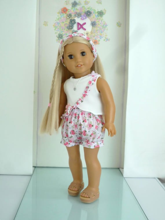 Handmade Floral Shorts Outfit: 18 Inch Doll Clothes, Frill Top matching shorts