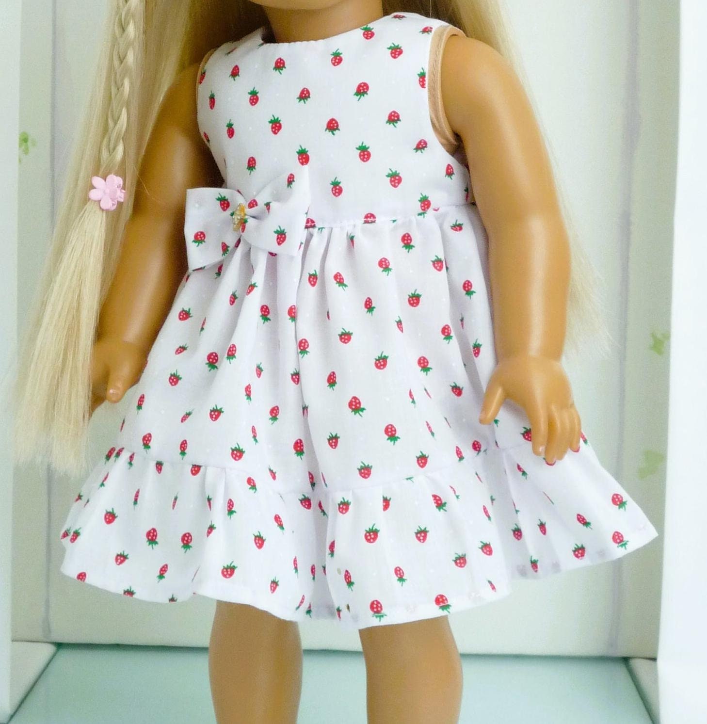 Handmade Strawberry Print Doll Dress with Bow: 18 Inch Doll Clothes