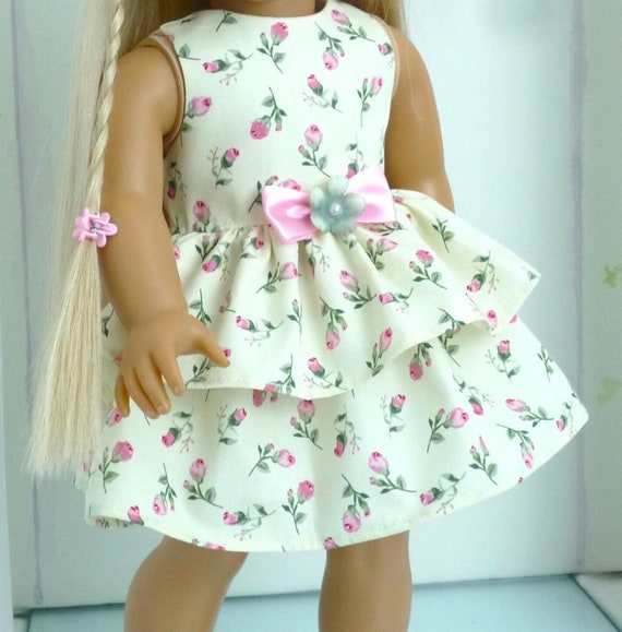 FLORAL PARTY DRESS  - Handmade Doll Clothes for 18 Inch Dolls - Rose frill cotton dress ,Flower Hair Clip
