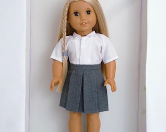 Handmade 18 Inch Doll School Clothes : Grey Pleated Skirt, White Blouse