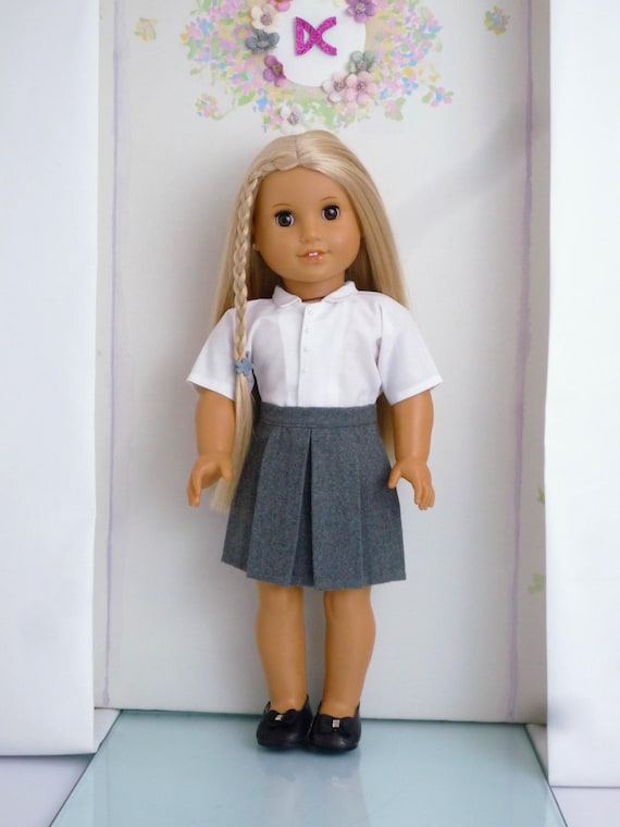 Handmade 18 Inch Doll School Clothes : Grey Pleated Skirt, White Blouse