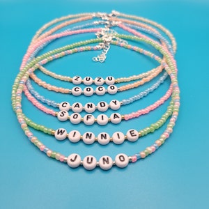 Pastel mix name necklace, blue bead personalised necklace, beaded name necklace, 3mm beaded name necklace.