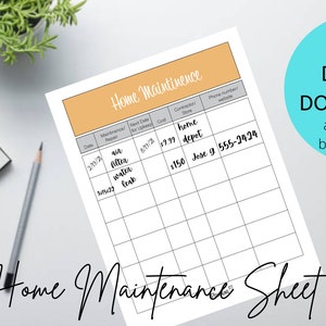 Home Maintenance track sheet. Digital download, printable, home upkeep repairs