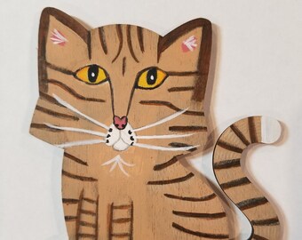Hand-Painted Wooden Cat - Brown Tabby