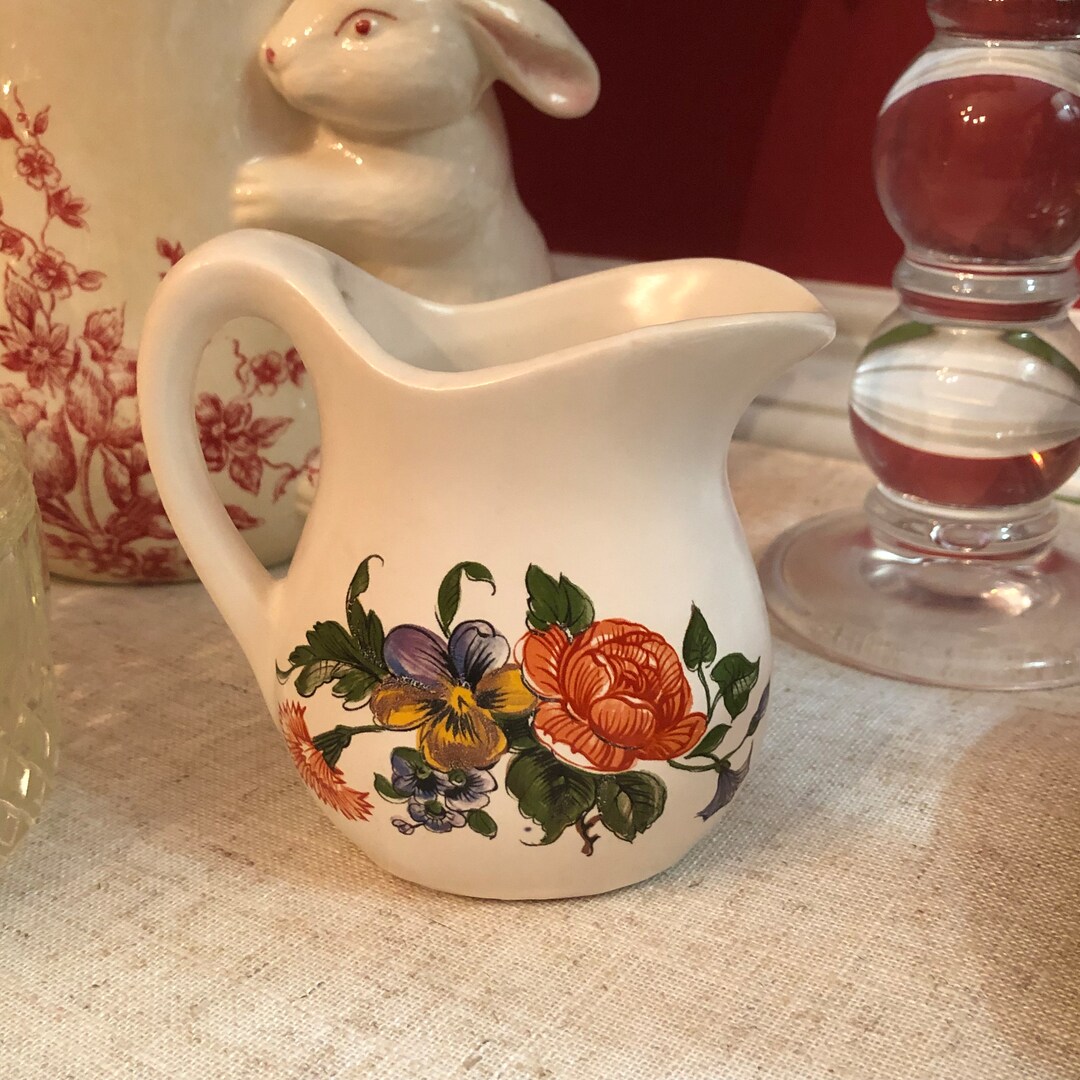 Pattern For Miniature Pitcher Miniature White Pitcher With Floral Roses and Pansies Motif Made in USA ...