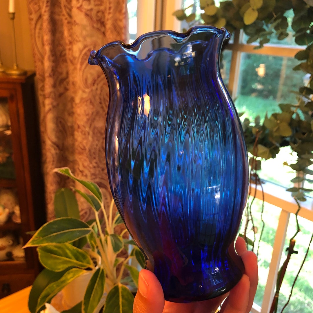 Vintage Mid Century Cobalt Blue Glass Vase With Ruffled Edge Rim Twist ...