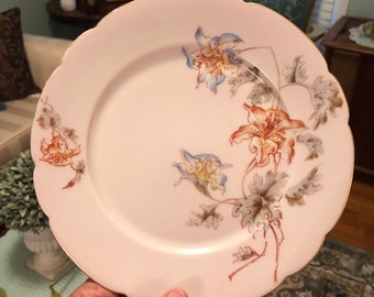 Vintage Limoges Pink Blush Floral Lily Motif with Scalloped Gold Edging Salad or Display Decor Plate Dish