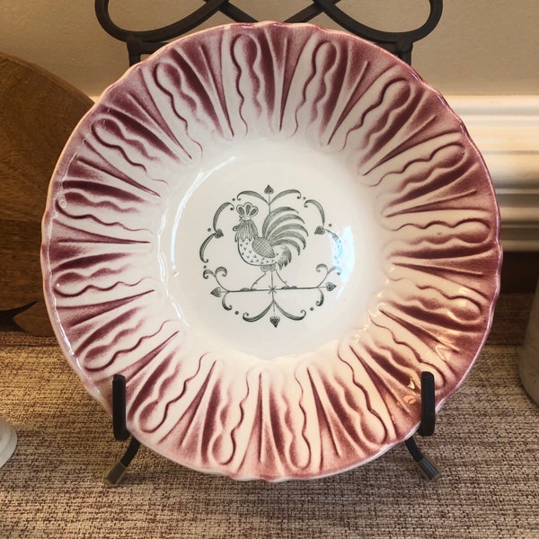 Vintage 1950s Scio Provincial Pink Rooster Weathervane Graphic Serving Salad Pasta Decorative Bowl