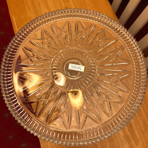 Vintage Lead Crystal Toscany Pedestal Cake Plate Stand Made in Yugoslavia Clear Glass X Star Snowflake Pattern