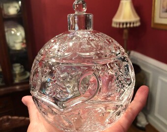 Fifth Avenue Christmas Holiday Crystal Clear Glass Ornament 2-Piece Covered Candy Jar Ball Box Holly Trees Motif