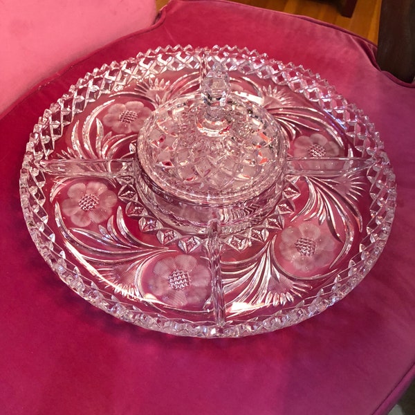 Vintage Cut Crystal Clear Glass 5 Section Divided Round Serving Dish Platter Floral Morif with Center Lidded Dip Bowl Sawtooth Edging