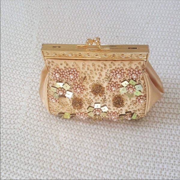 Vintage Inspired Satin Beaded Clutch Purse Bag by Valerie Stevens Peach with Gold Chain Strap