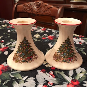 Vintage Pair of Fine Ceramic Merry Christmas Candlesticks with Tree Presents Train by Clorwood Distributor Made In Japan