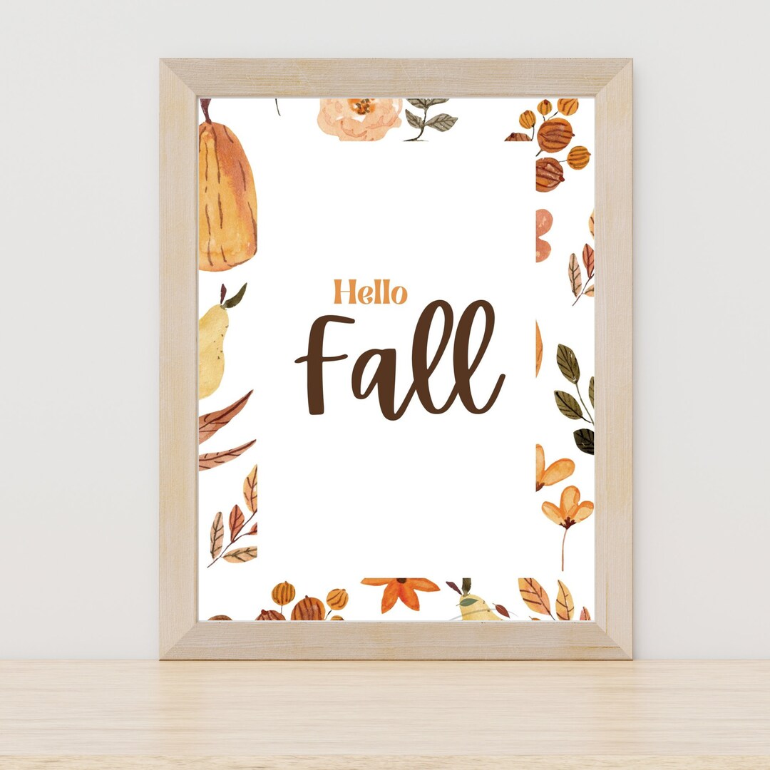 Fall Printable Wall Art, Hello Fall Sign, Fall Floral Watercolor Print ...