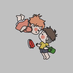 May include: An embroidered design of two cartoon children. One is floating in a pink dress, the other holds a green bucket and a red ice lolly. The background is a solid grey.