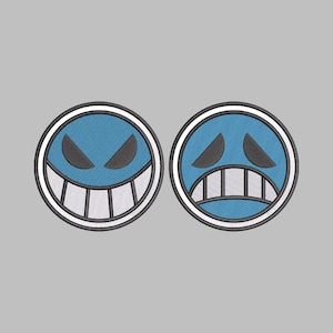 May include: Two embroidered patches. Each patch is a blue circle with a white border. One shows a smiling face with black eyes and white teeth. The other shows a frowning face with black eyes and white teeth. The patches are on a grey background.