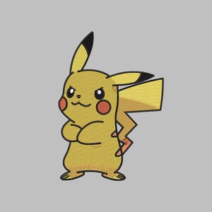 May include: Embroidered yellow Pikachu character with black-tipped ears, red cheeks, and a lightning bolt tail. The character has its arms crossed and an angry expression. The background is a solid grey colour.