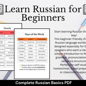 May include: A workbook titled "Learn Russian for Beginners" with charts for vowels and days of the week. The text "Complete Russian Basics PDF" is also visible. Pencils are placed near the workbook.
